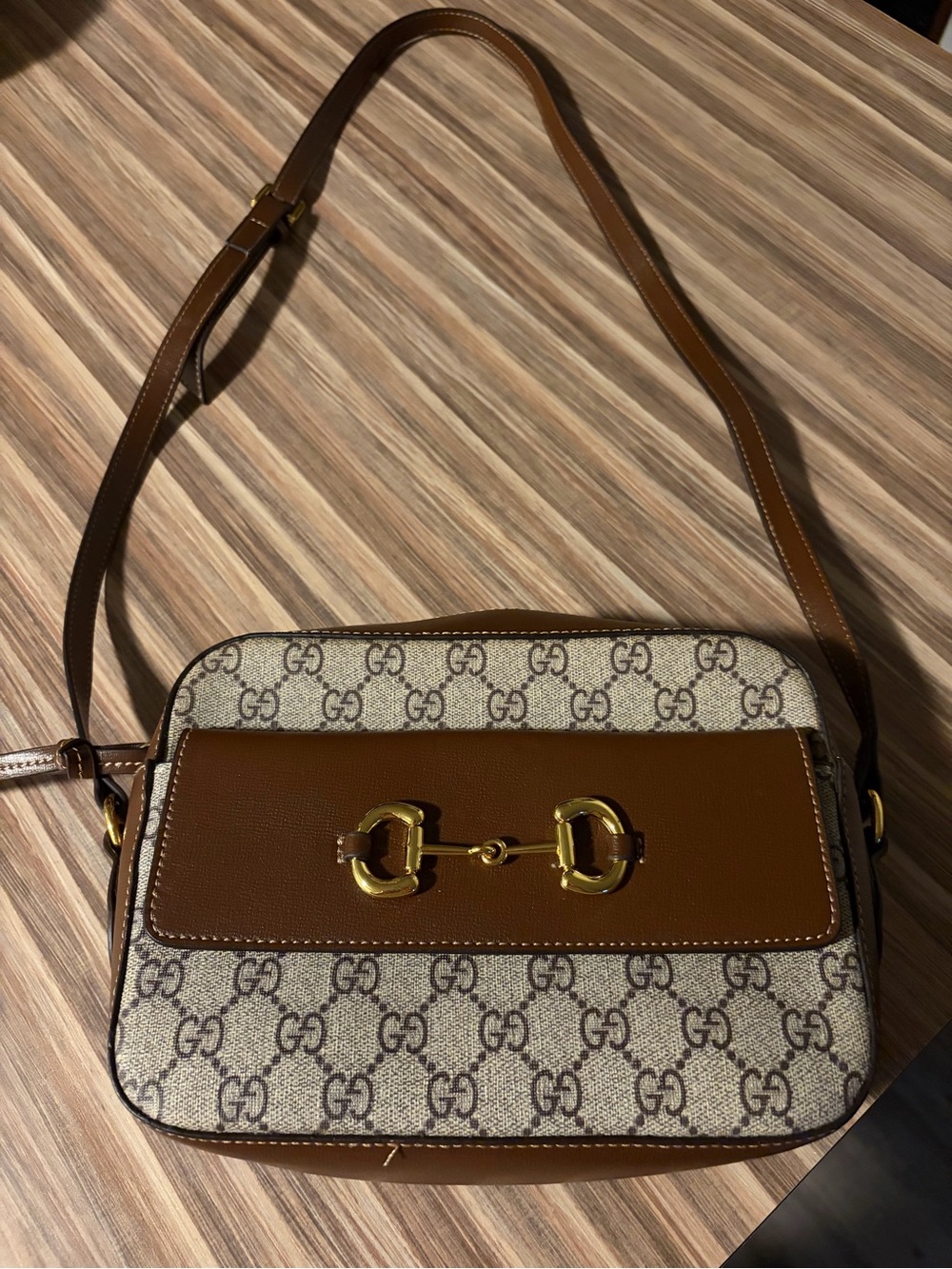 Gucci Brown and Beige GG Canvas Crossbody Bag with Gold Horsebit